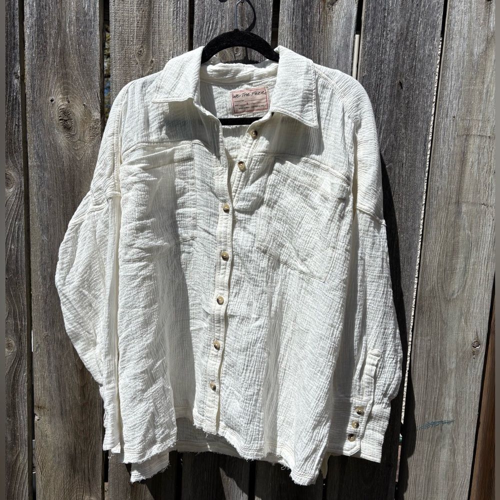 Free People Cream Gauze Button-Up Shirt Jacket